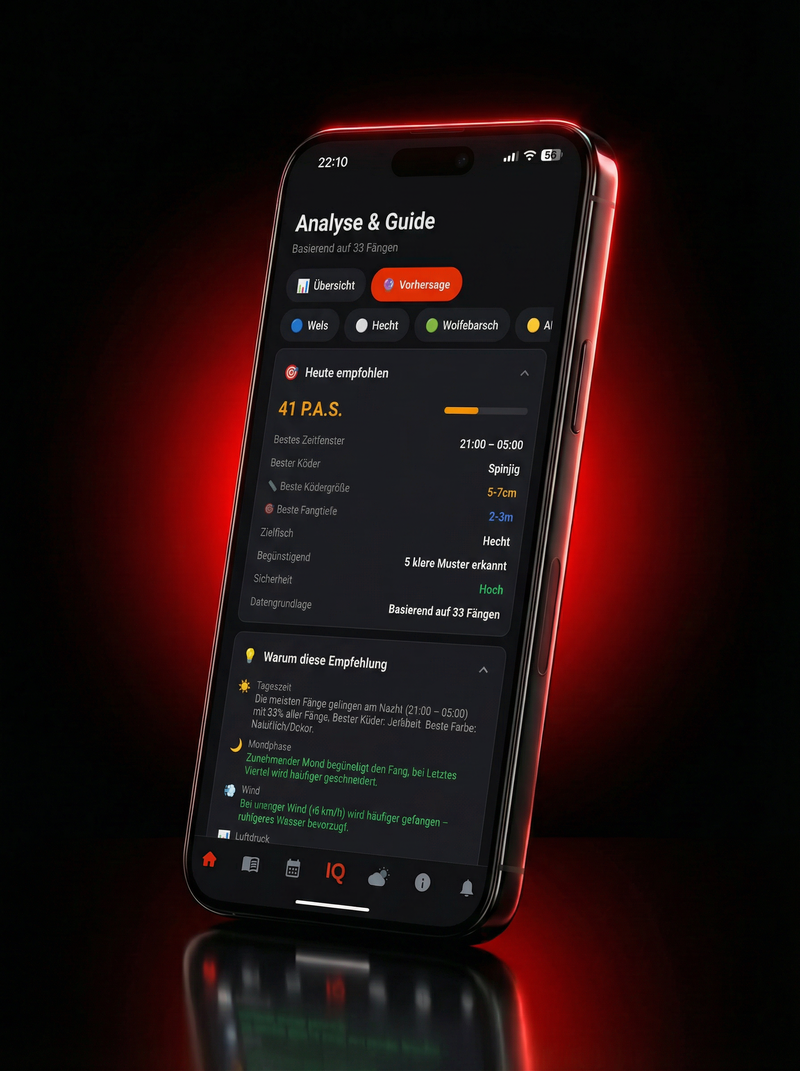 HookIQ Analyse & Guide — KI-Vorhersage mit bestem Zeitfenster, Köder und Technik