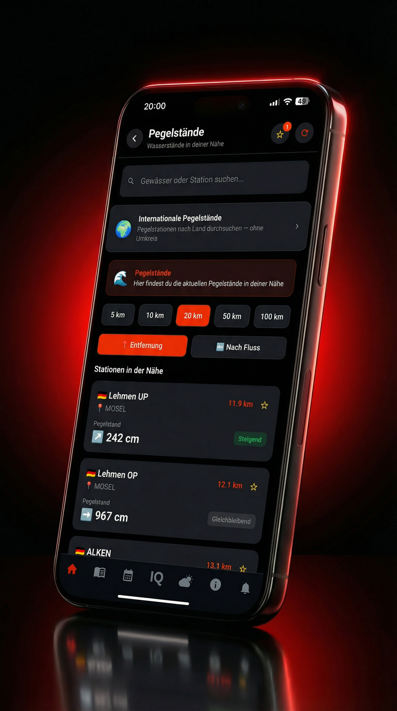 HookIQ Pegelstände — Internationale Pegel in der Nähe mit Livewerten