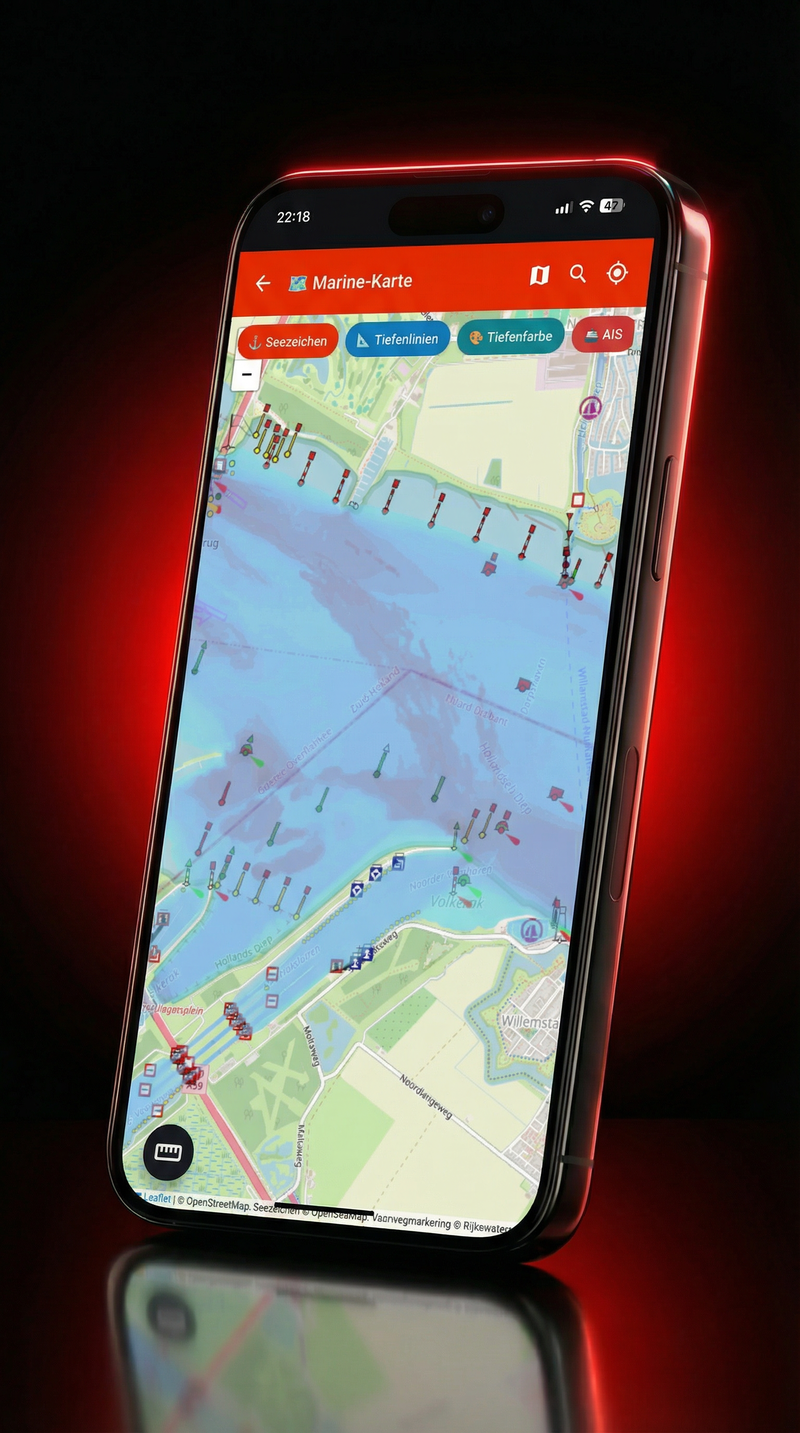 HookIQ Marine-Karte — Tiefenlinien, AIS-Schiffstracking und Seezeichen