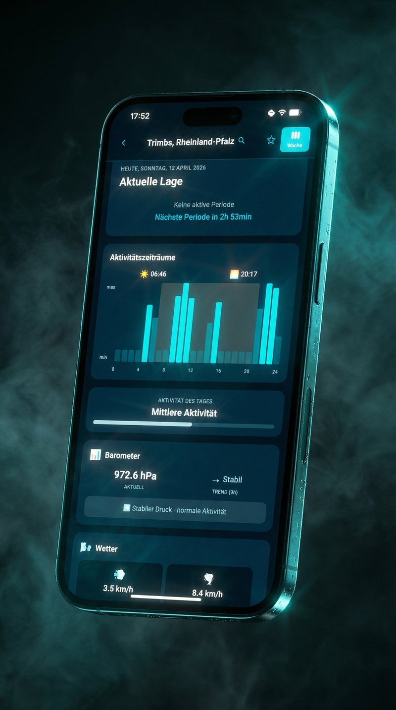 HookIQ Aktivitäts-Score — 24h Aktivitätsverlauf und Umweltbedingungen für Thunfisch