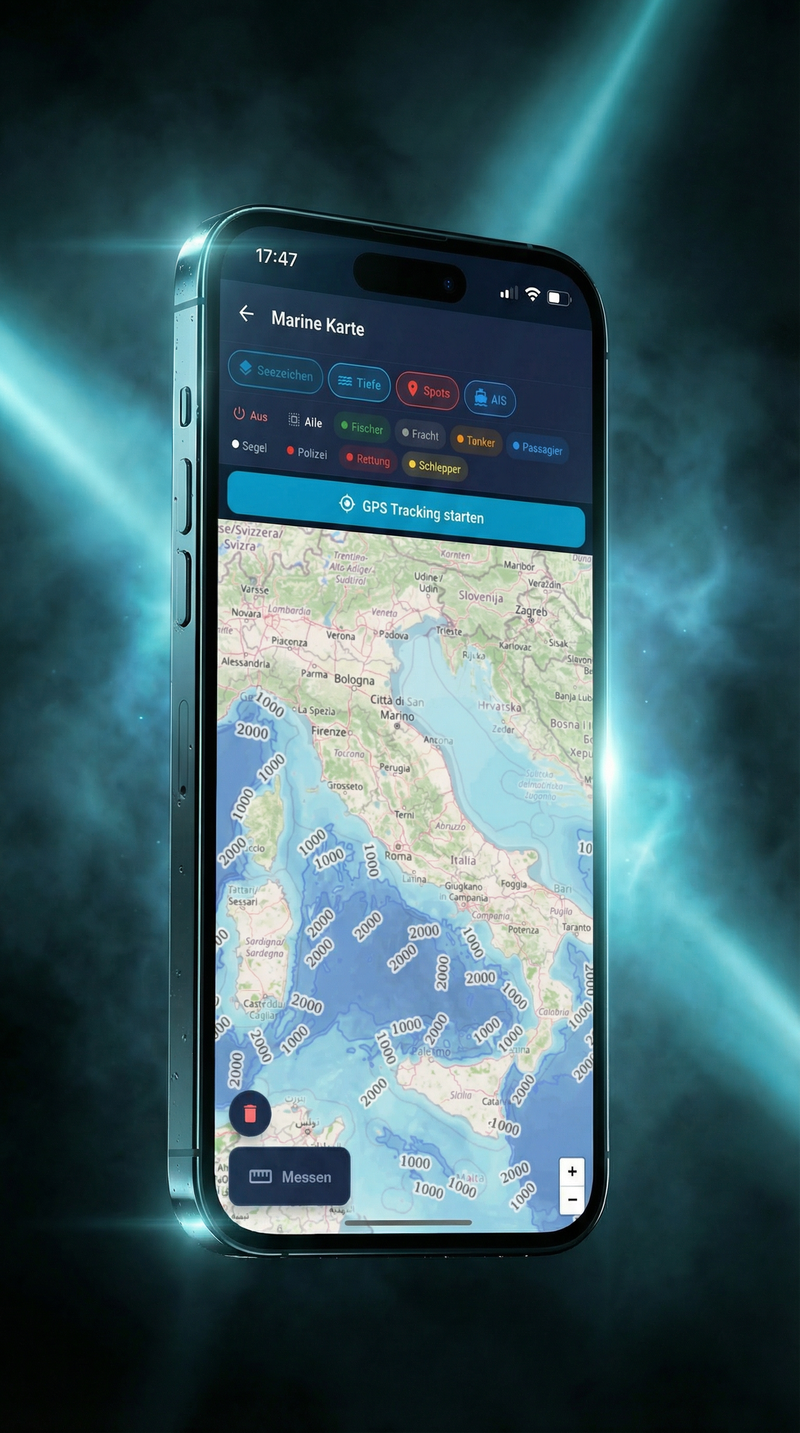 HookIQ Seekarte — Tiefenlinien, Offshore-Navigation und Fangpositionen