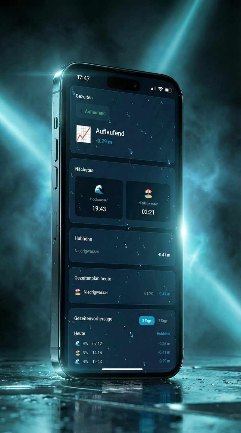 HookIQ Gezeiten — Tidenverlauf, Hubhöhe und Gezeitenplan