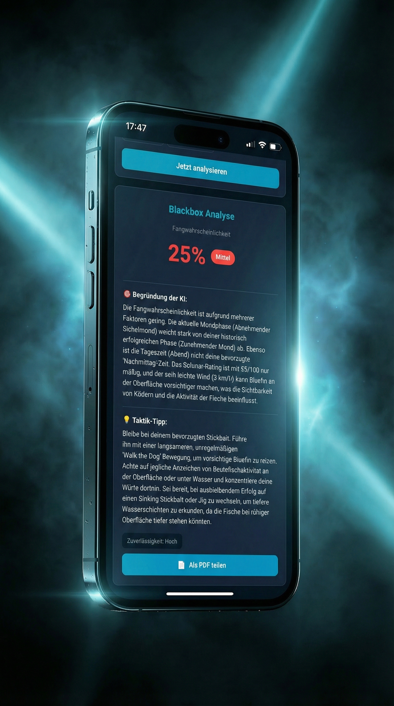 HookIQ Blackbox Analyse — Fangwahrscheinlichkeit, KI-Begründung und Taktik-Tipp