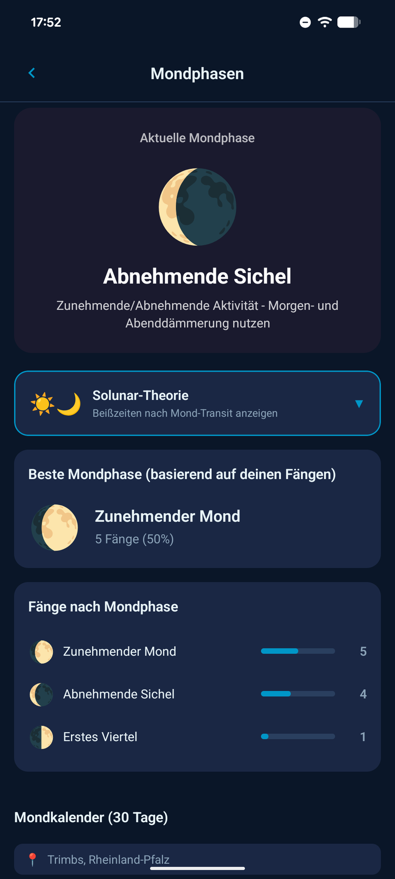 HookIQ Mondphasen — Solunar-Theorie und persönliche Fangstatistik nach Mondphase