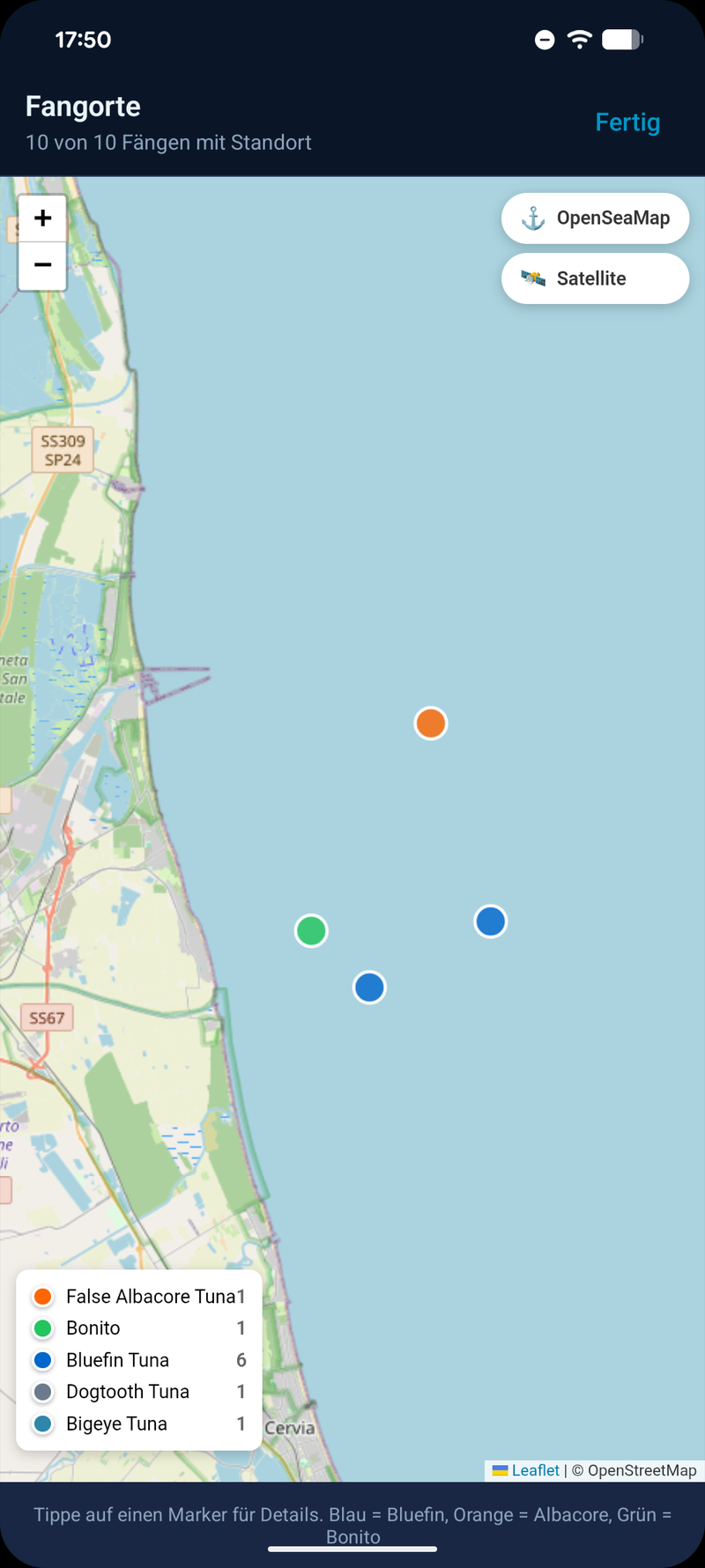 HookIQ Fangorte — Farbcodierte Fangpositionen auf OpenSeaMap