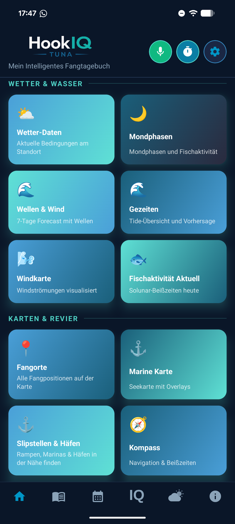 HookIQ Tuna Feature-Übersicht — Wetter, Gezeiten, Mondphasen, Marine Karte, Kompass und mehr