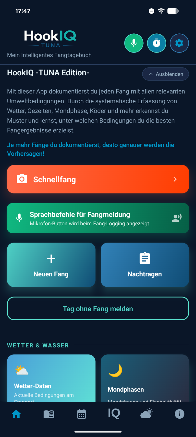 HookIQ Schnellfang — Fang erfassen per Tap oder Sprachbefehl